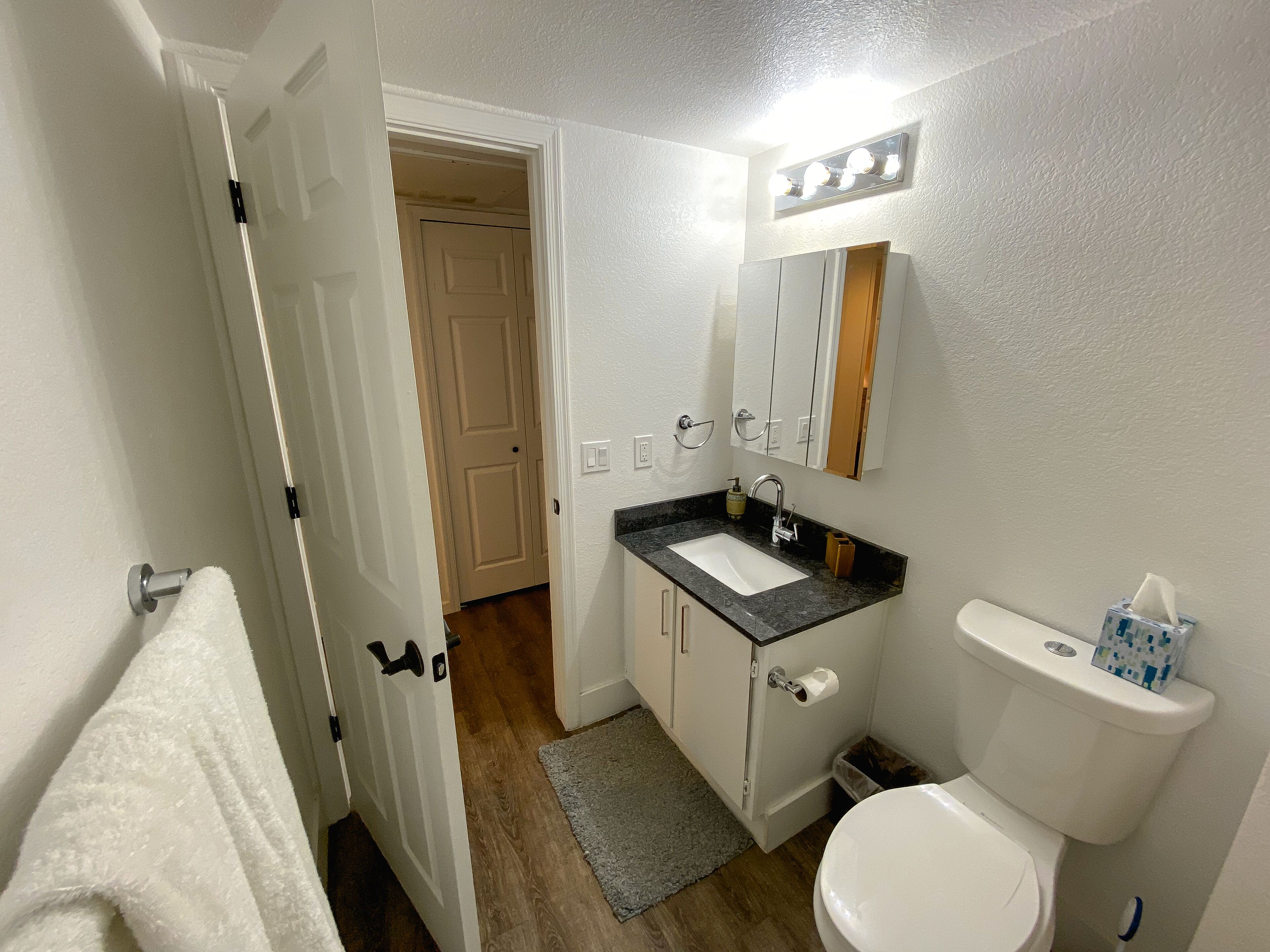 Ein Badezimmer mit einer weißen Toilette, einem Waschbecken mit schwarzer Arbeitsplatte, einem Spiegel über dem Waschbecken und einem Handtuchhalter links.