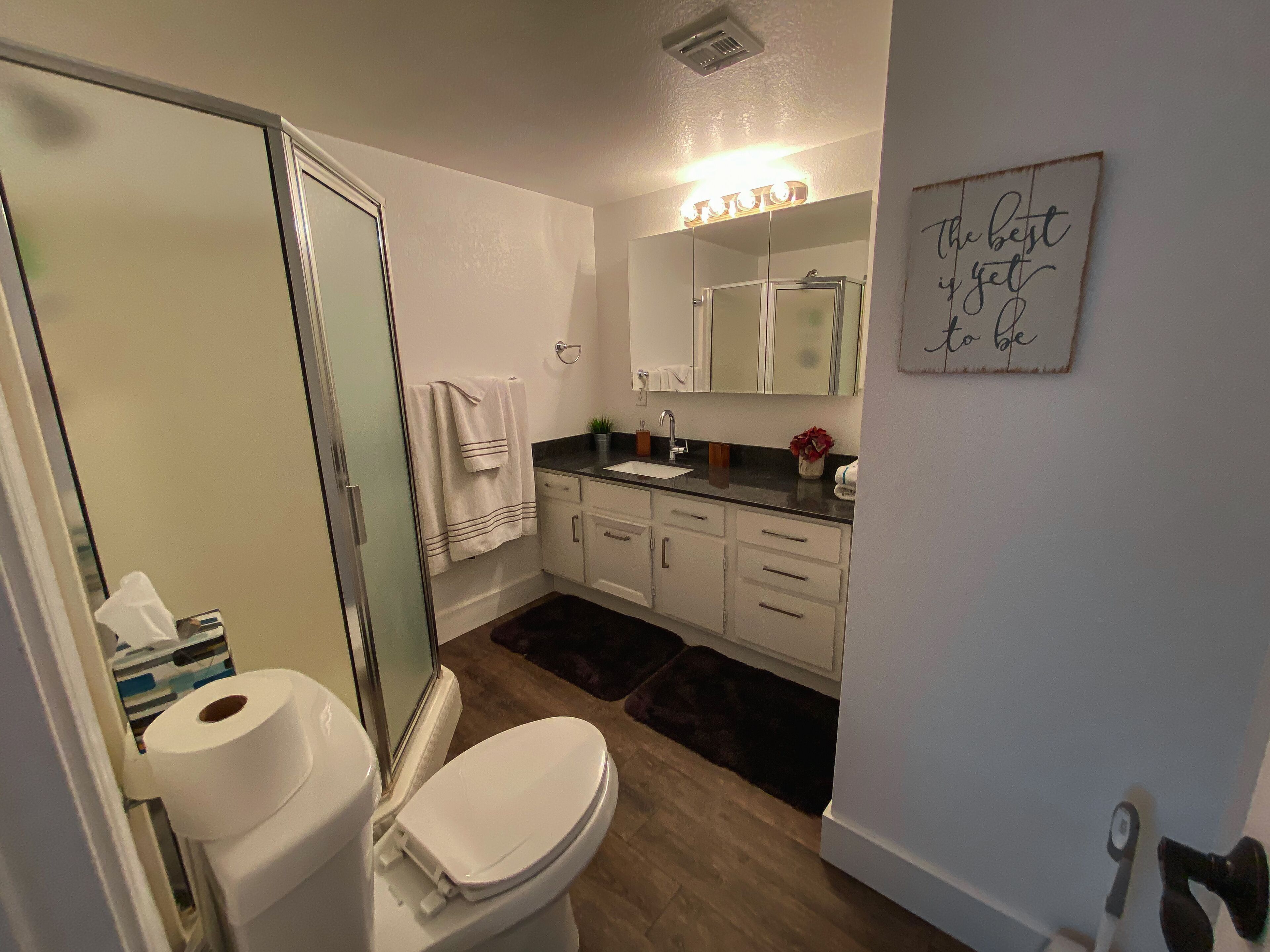 Un bagno con WC, lavandino e specchio. È presente un portasciugamani con asciugamani, una piccola pianta e un cartello appeso al muro.