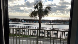Ein Balkon mit Blick auf einen Strand, eine Palme und einen Zaun.