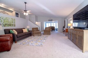 Smart TV, fireplace, video games, DVD player