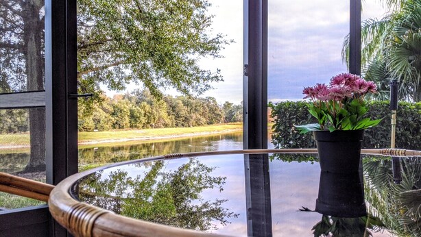 A room with a glass table reflecting a pond and trees, a potted plant with flowers, and a wicker chair. - Lake View 3BR Condo ...Near Disney and Shopping (Kissimmee)