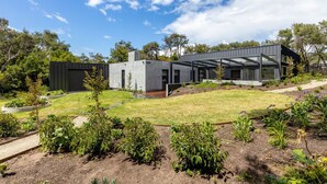 Una casa moderna con techo plano, ventanas grandes y un jardín con diversas plantas.