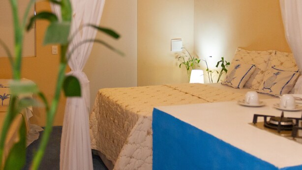 A hotel room with a bed, a bedside table with cups, a lamp, and a plant. - Estúdio Martinelli (Porto Seguro)