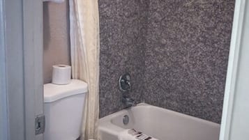 Combined shower/bathtub, hair dryer, soap, shampoo