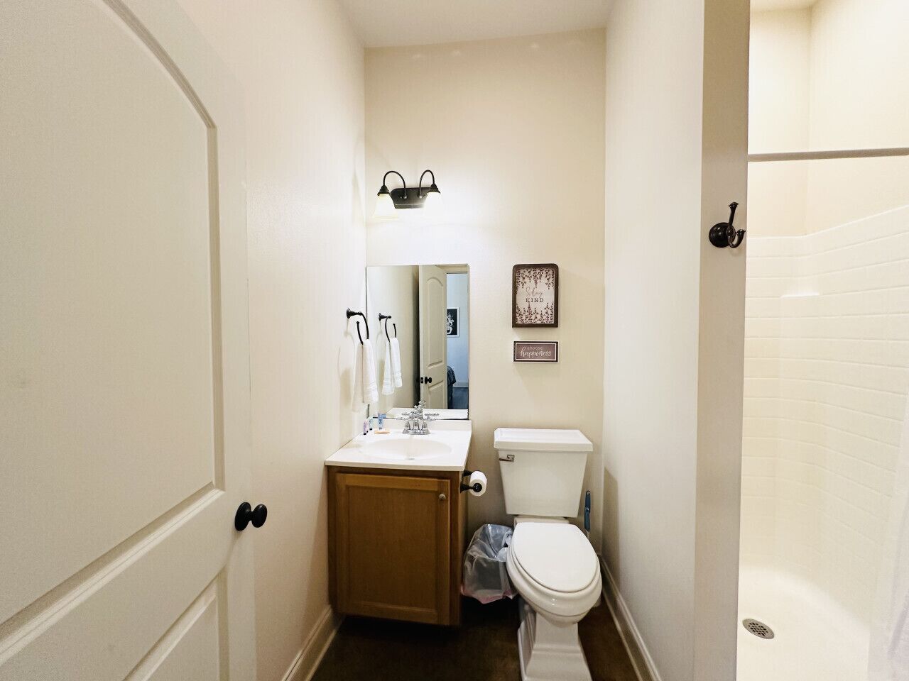 Un bagno piccolo con un water bianco, un lavandino e uno specchio. Si vede una foto incorniciata sulla parete e un lampadario sopra lo specchio.