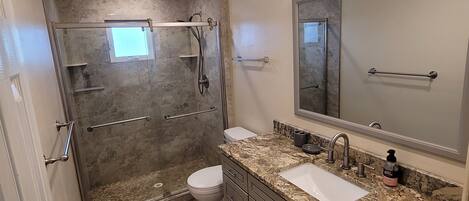 A modern bathroom with a shower, toilet, sink, and vanity.