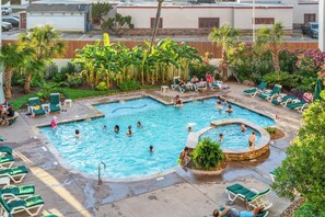 A swimming pool with multiple lanes, surrounded by lounge chairs and palm trees.