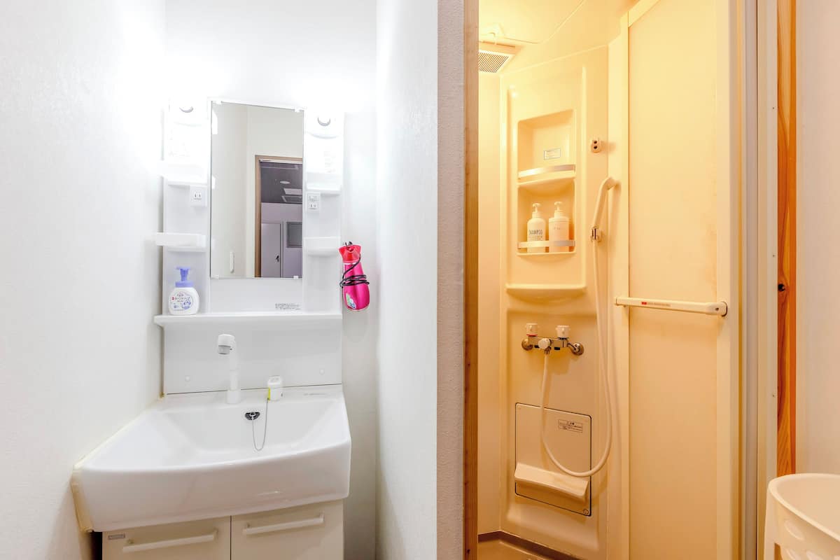 A bathroom with a sink, mirror, and shower area.