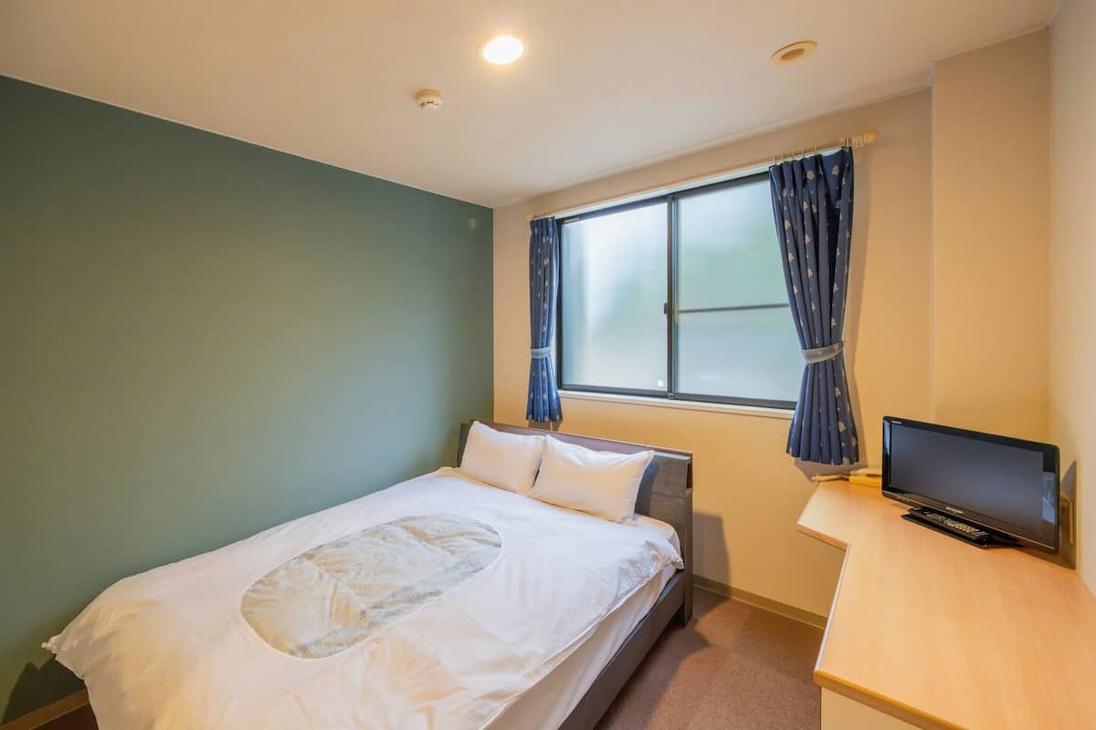 A bedroom with a bed, a TV, a window with curtains, and a ceiling light.