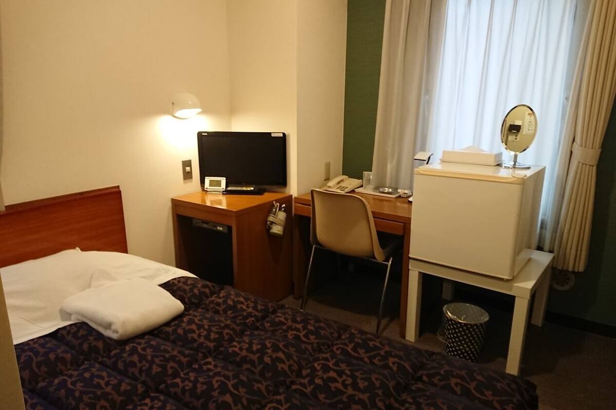 A hotel room with a bed, a desk, a chair, a television, a mirror, and a trash can.