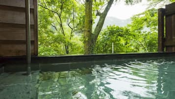 A wooden cabin with a pool surrounded by lush greenery and trees.