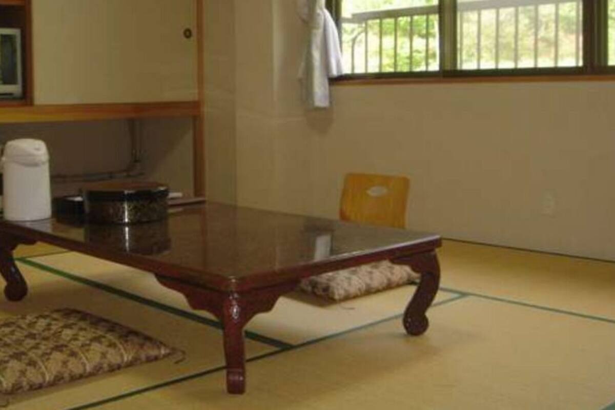A tatami mat room with a low wooden table, cushions, a television, and a window with a view.