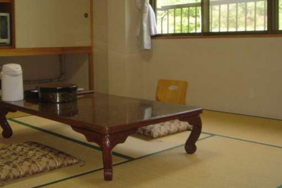 A tatami mat room with a low wooden table, cushions, a television, and a window with a view.