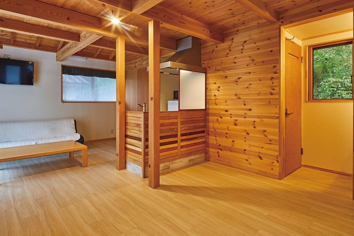 A wooden interior with a bench, a television, and a door leading to an outdoor area.