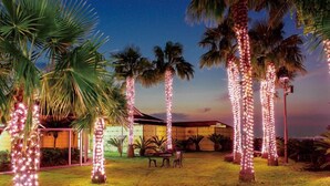 A courtyard with palm trees wrapped in string lights, a covered seating area, and a building in the background. - Takarabaco Hot Spring Inn (Tarumizu)