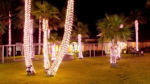 A nighttime view of a well-lit outdoor area with palm trees and a building in the background. - Takarabaco Hot Spring Inn (Tarumizu)