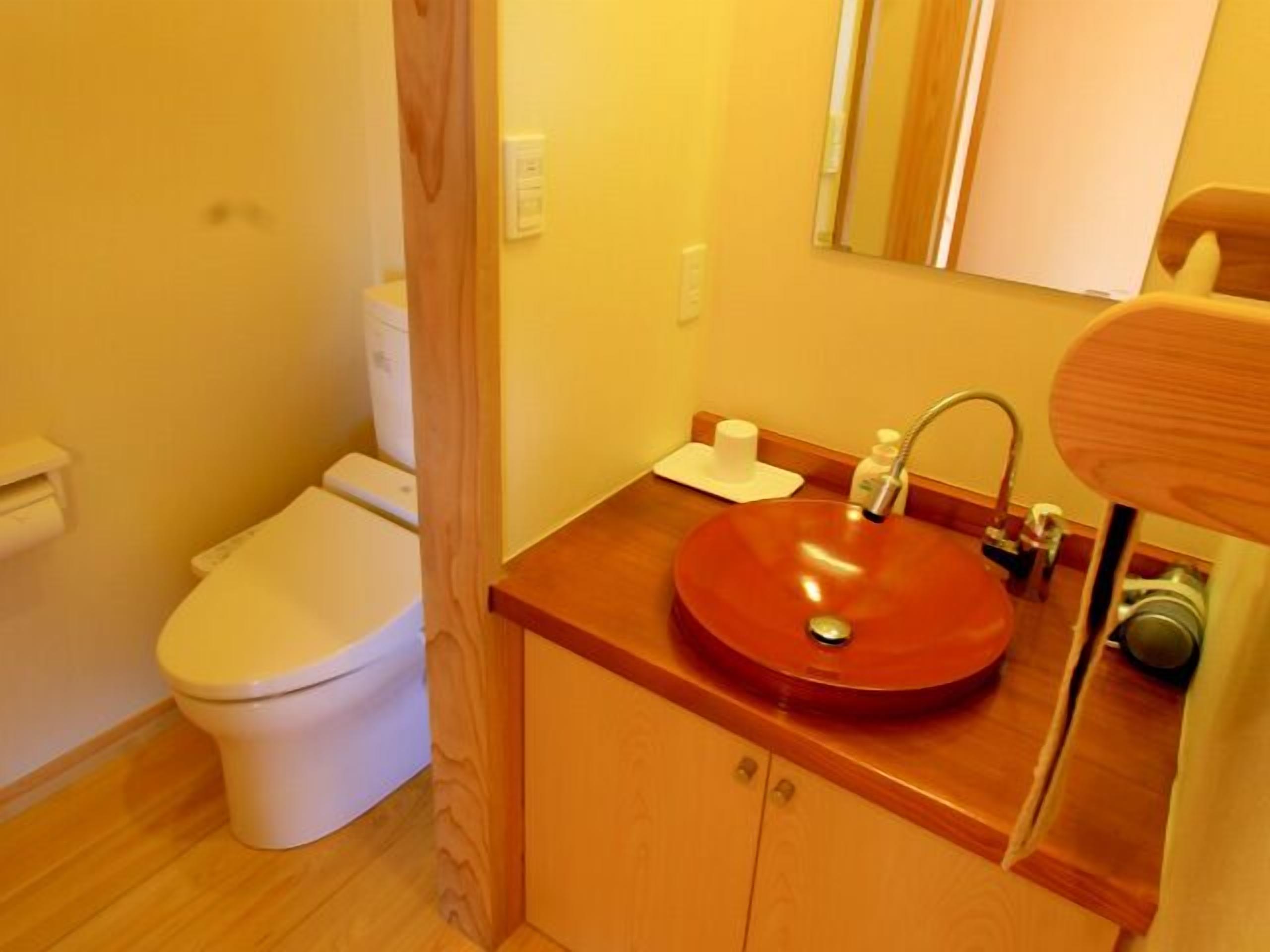 A small bathroom with a white toilet, a wooden vanity with a red sink, and a mirror above the sink.