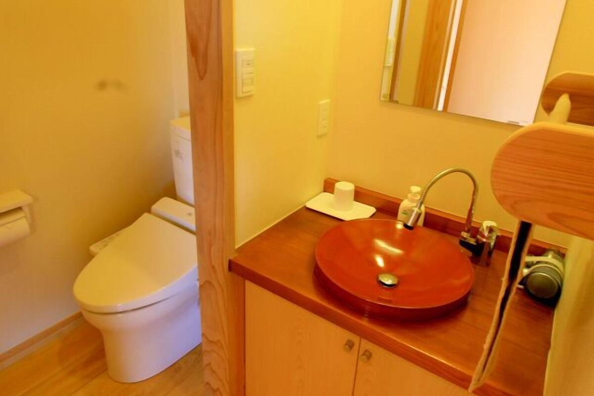 A small bathroom with a white toilet, a wooden vanity with a red sink, and a mirror above the sink.