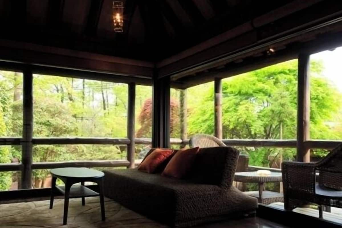 A room with a wooden floor, a sofa with cushions, a table, and chairs. Large windows offer a view of greenery outside.