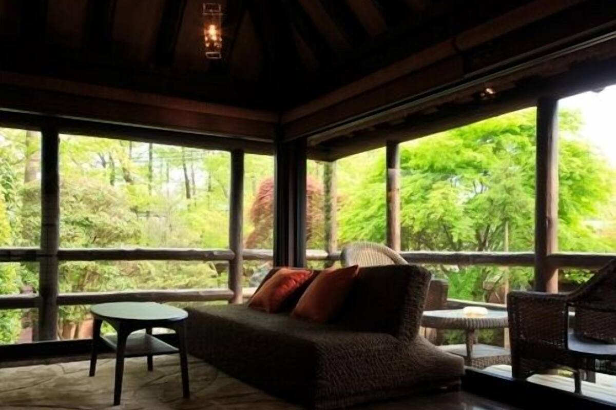 A room with a sofa, a table, and chairs, large windows with a view of greenery.