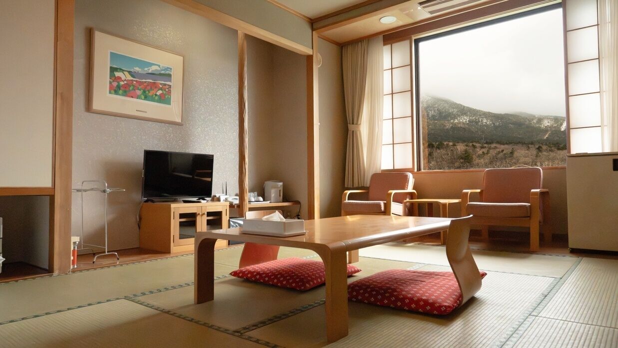 Una habitación con suelo de tatami, televisión, mesa, sillas, ventana con vistas a montañas y un cuadro en la pared.