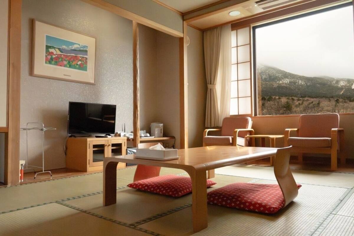 Una habitación con suelo de tatami, televisión, mesa, sillas, ventana con vistas a montañas y un cuadro en la pared.
