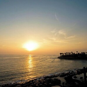 A sunset over a calm sea with a rocky shoreline and palm trees silhouetted against the sky. - Epurontei (Miyazaki)