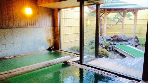 A traditional Japanese onsen with a wooden deck and a view of the surrounding garden. - Tokurakamiyamada Onsen Yu No Yado Fukujuso (Chikuma)