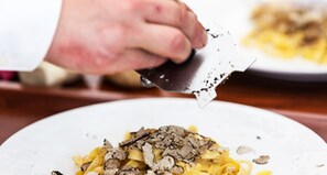 A person grating cheese onto a plate of pasta. - Oishii Gakko (Hokuto)