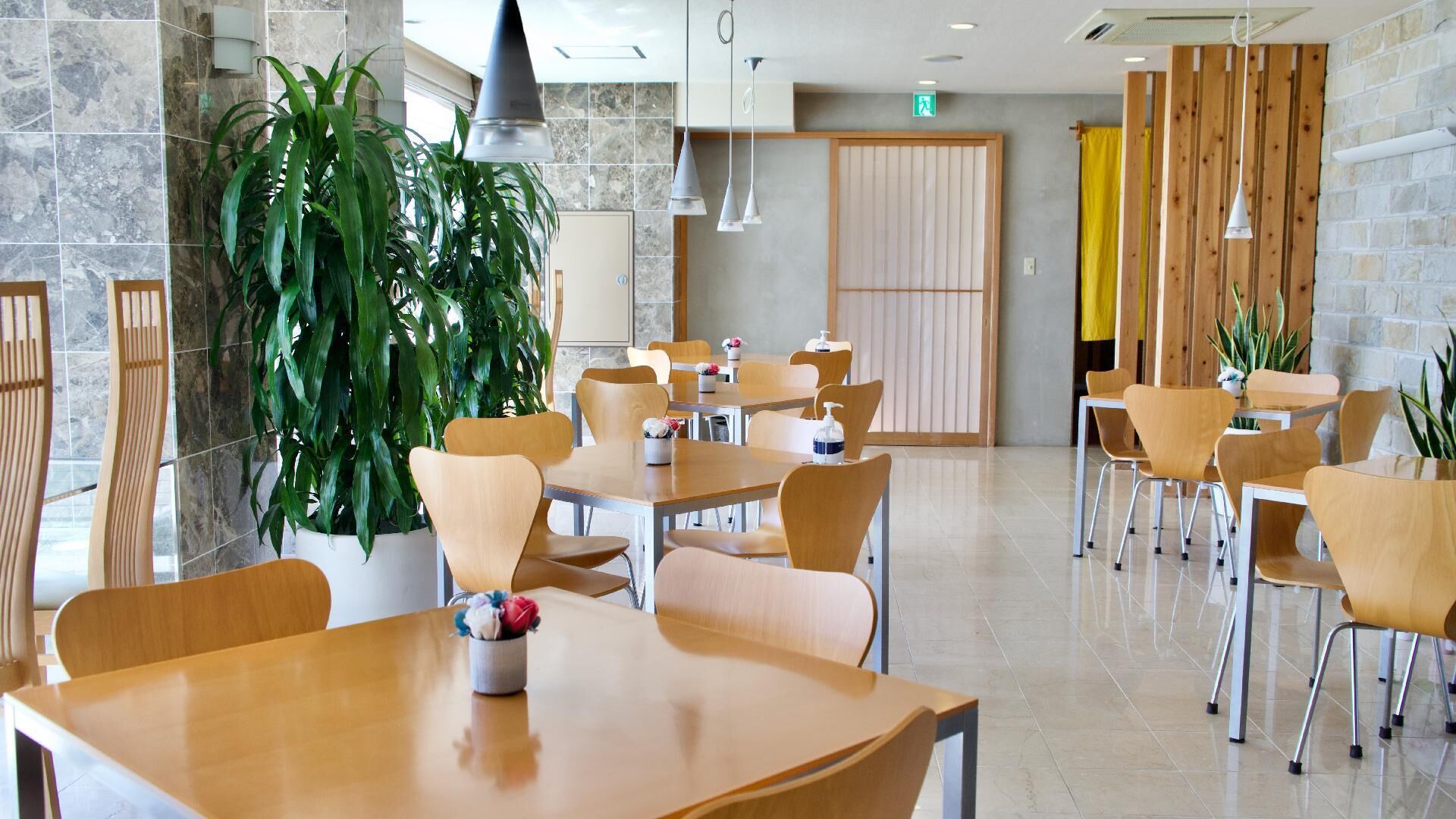 A modern dining area with wooden tables and chairs, potted plants, and a large green plant in the center.