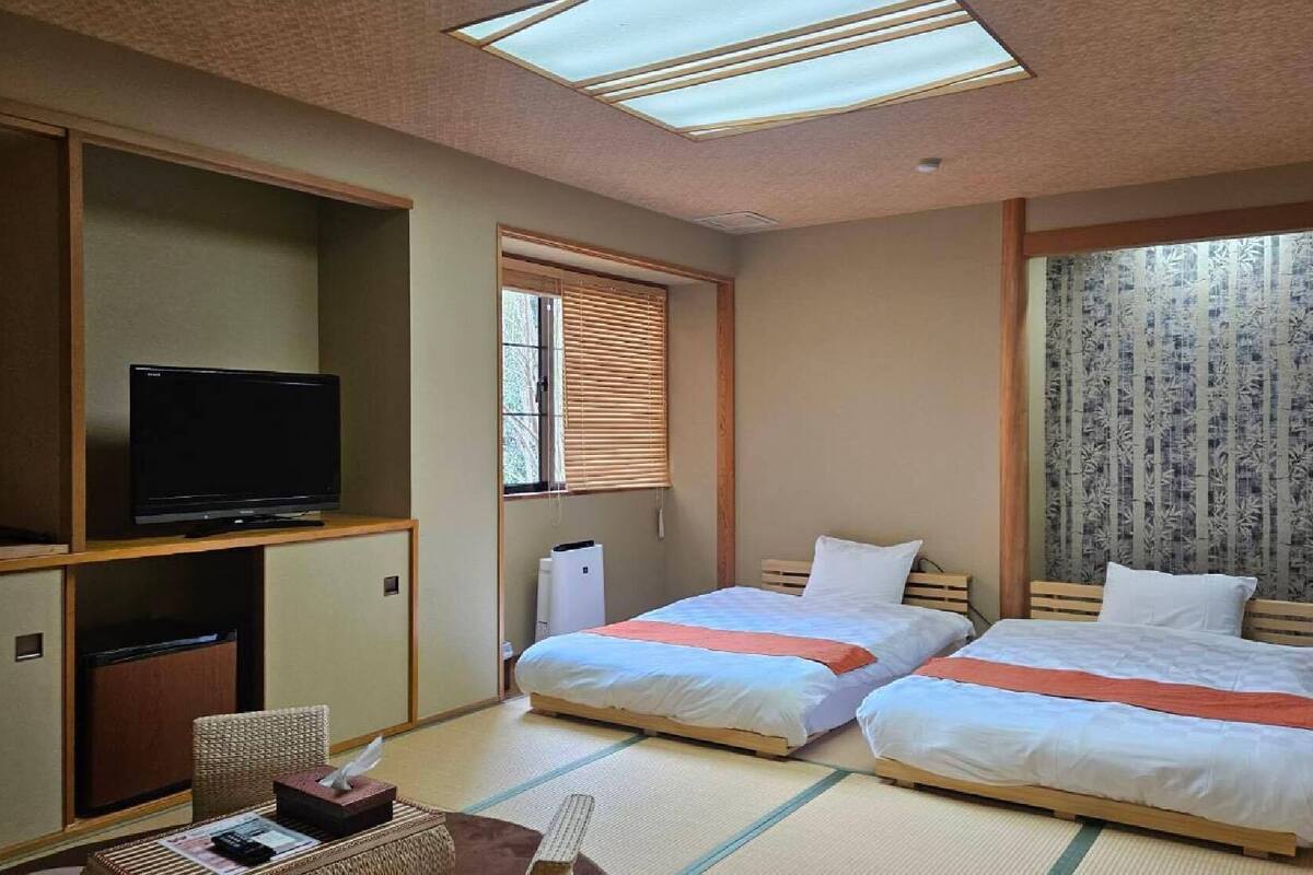 A hotel room with two beds, a television, a window with blinds, and tatami flooring.