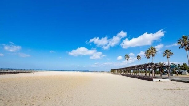 A beach with a clear sky, a sandy shore, and a covered pavilion with palm trees. - Wellpia Iyo (Iyo)