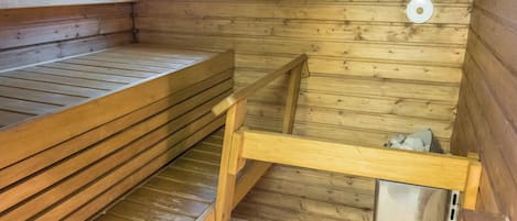 A sauna room with wooden benches, a bench with a footrest, and a sauna heater.