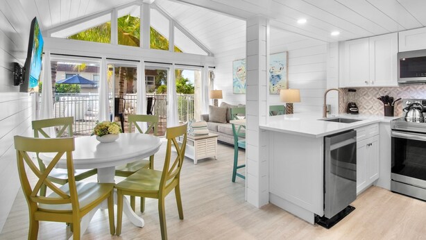 A modern kitchen with white cabinetry, a built-in dishwasher, and a large island with seating. - Beach Condo with Pool Near Holmes Beach! (Holmes Beach)