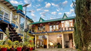 A hotel with a central courtyard, a staircase, and a balcony with potted plants. - Hotel Walnut Creek (Nainital)