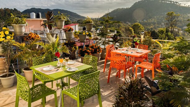 A rooftop terrace with tables and chairs, surrounded by potted plants and flowers. - Hotel Walnut Creek (Nainital)