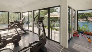 A modern gym with cardio machines and kettlebells, large windows with a view of a lake and greenery. - Hotel Milna (Milna)