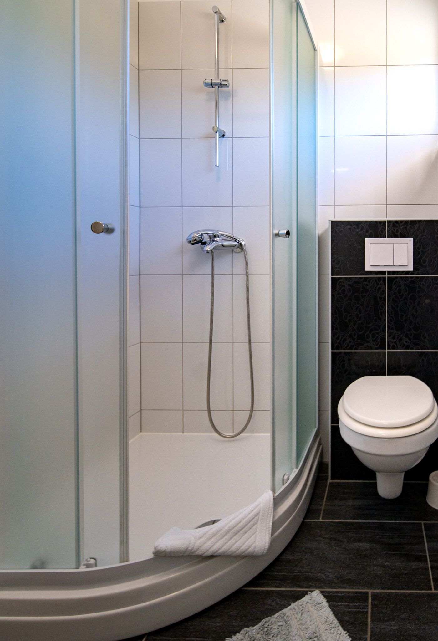 Une salle de bain moderne avec une douche à parois de verre, des toilettes blanches et un mur recouvert de carreaux foncés.