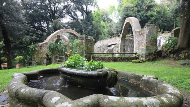 Een stenen fontein met water, omringd door weelderige begroeiing en oude stenen gebouwen.