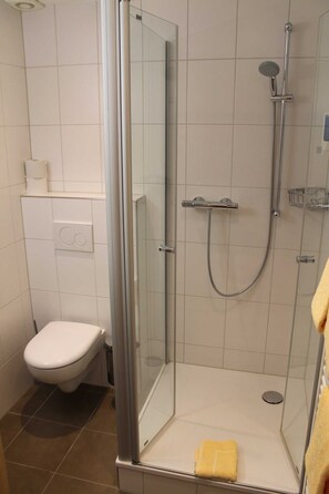 Moderni kylpyhuone, jossa on lasiseinällä varustettu suihku, wc ja pyyhekoukku.