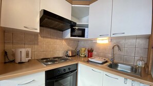 A compact kitchen with a stove, oven, microwave, and sink. - Studio cabin, pets welcome - 4 guests, views of ski slopes (Praz-sur-Arly)