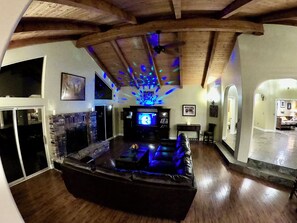 Smart TV, fireplace, video games, DVD player