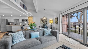 Smart TV, fireplace, books