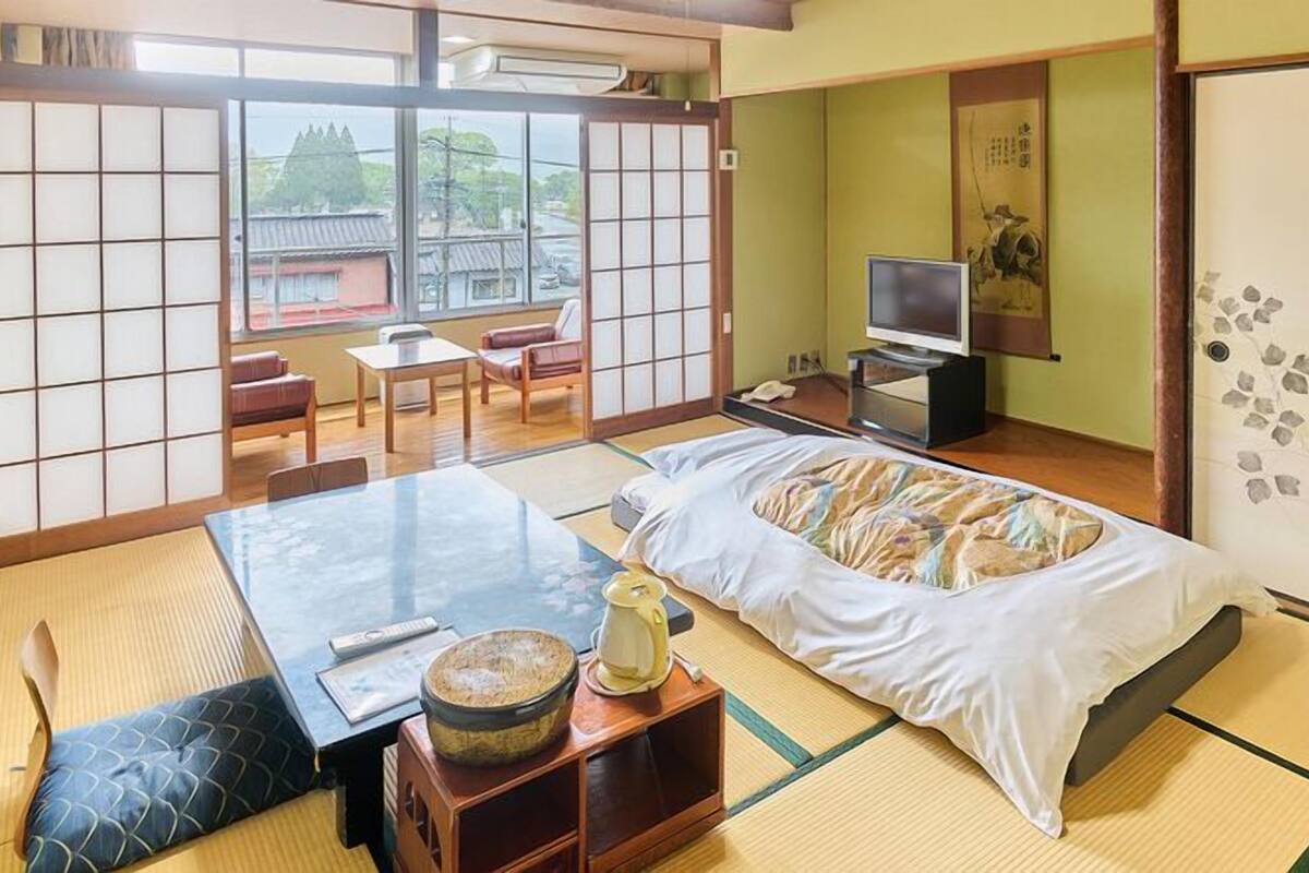 Una habitación tradicional japonesa con suelo de tatami, una cama con manta de colores, un televisor y una puerta corredera con diseño decorativo.