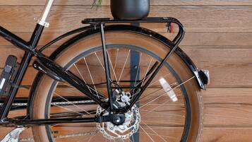 Una bicicleta con asiento de cuero y una planta en maceta sobre la rejilla trasera, estacionada frente a un muro de madera con un letrero que dice "THE EDDY TAPROOM & HOTEL".