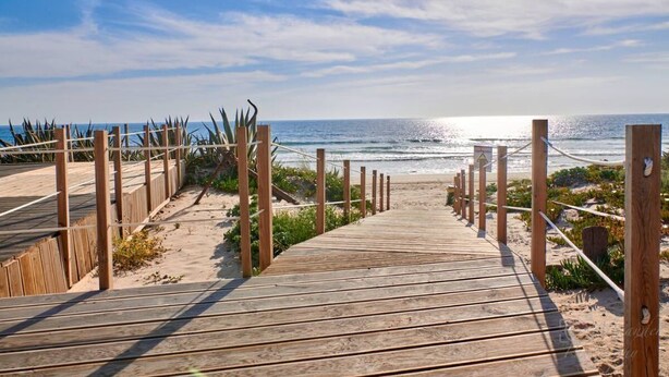 Ein hölzerner Steg führt zu einem Strand, im Hintergrund strahlend blauer Himmel und Meer.