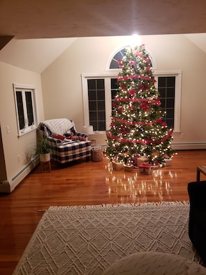 Un salon chaleureux avec un sapin de Noël décoré, des meubles en bois et une grande fenêtre.