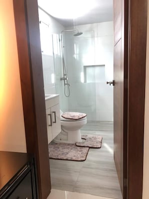 Shower, hair dryer, towels, toilet paper