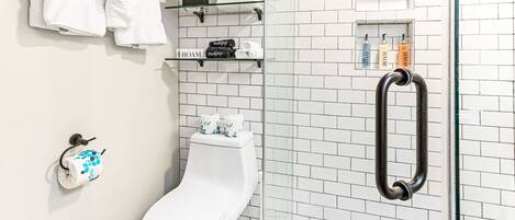 A modern bathroom with a toilet, a glass shower enclosure, and a handrail.