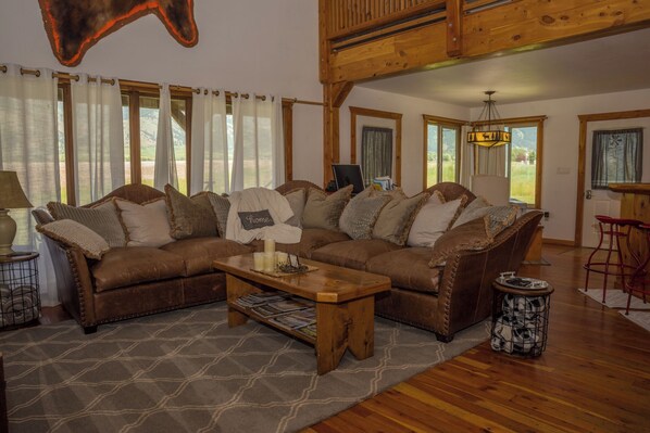 TV, fireplace, books, offices